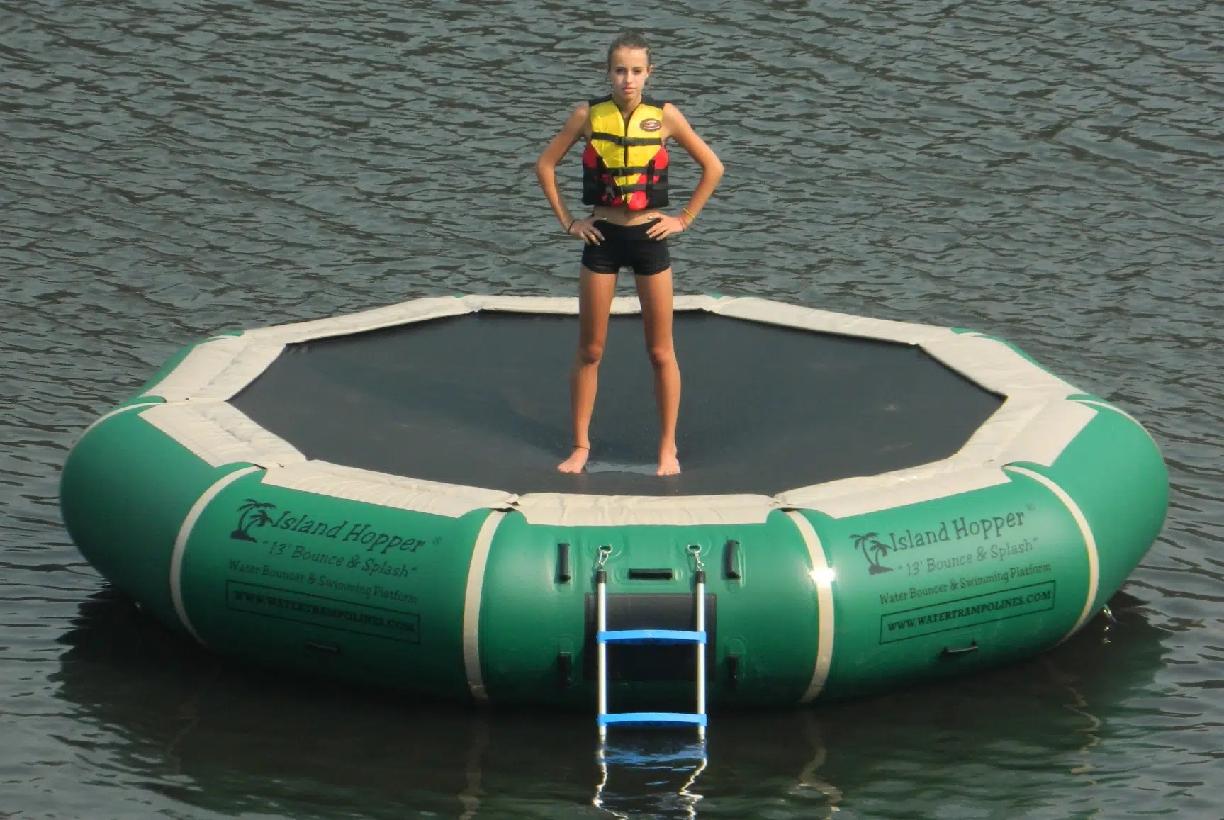 13 Foot Island Hopper Bounce N Splash Water Trampoline in Natural Green