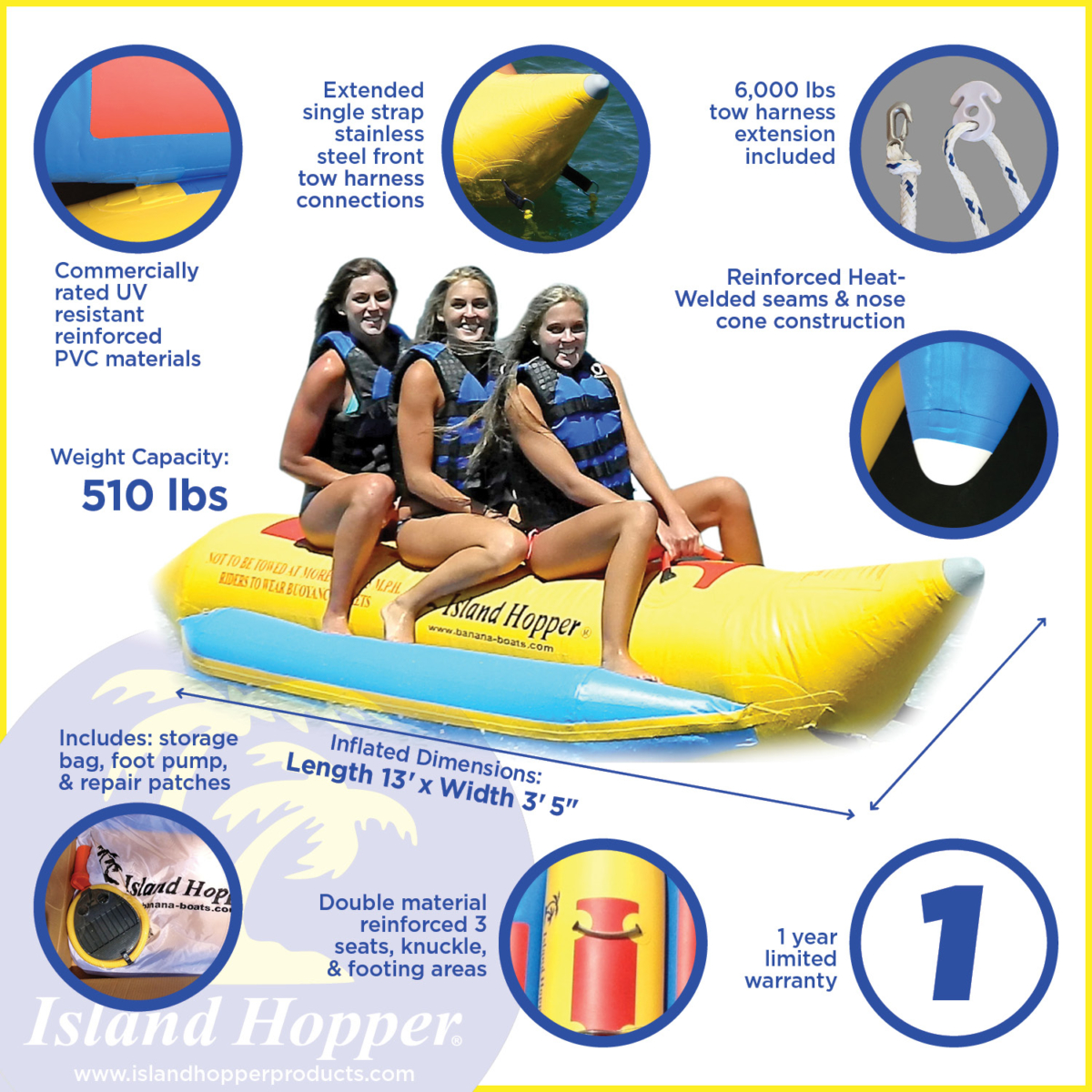 Island Hopper 3-passenger Yellow Banana Boat towable tube