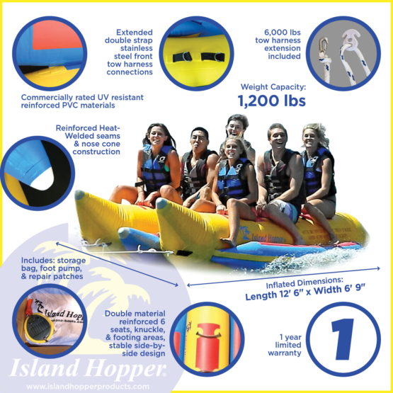 Island Hopper 6-passenger Yellow Banana Boat towable tube