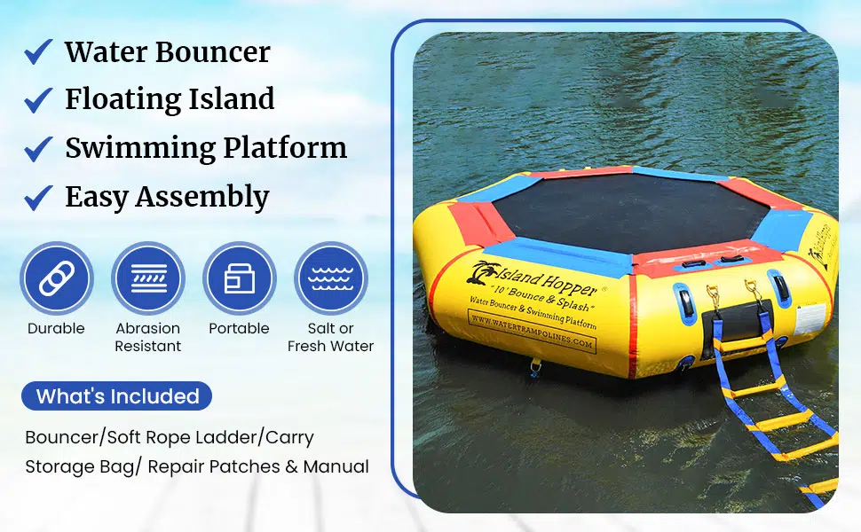 Introducing the Island Hopper Water Bouncer: Transforming from a thrilling water bouncer to a spacious floating island and swimming platform, this versatile inflatable offers endless fun on the water.