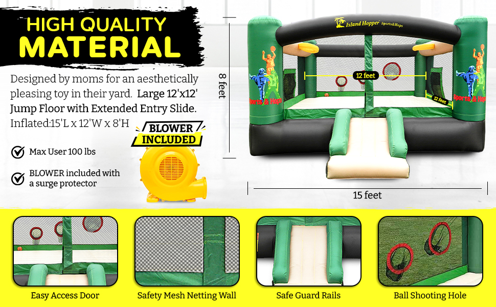 Sports N Hops Bounce House with High quality material, 12 x 12 jump floor, easy access, safety mesh, slide ball shooting