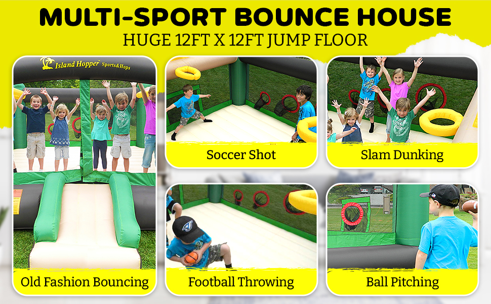 Island Hopper Sports & Hops Recreational Kids Bounce House with Basketball Court, Soccer Field, Baseball & Football Throw Game